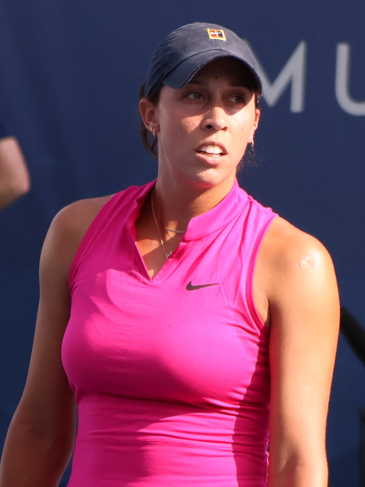 Madison Keys hitting a forehand during a tennis match
